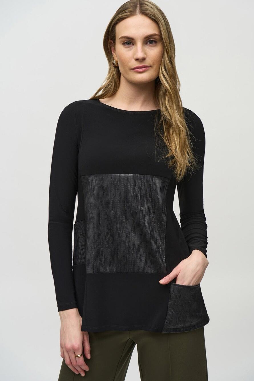 Joseph Ribkoff Size 10 Black Silky Knit And Leatherette Flared Tunic 244084